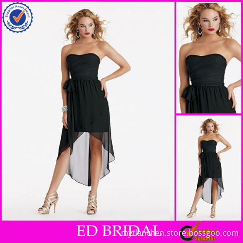 CB49 Simple Ruffled Black Chiffon Short Front Long Back Bridesmaid Party Dress